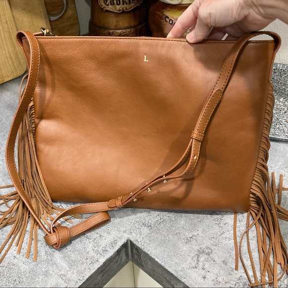 MARK & GRAHAM Fringed Cross Body Bag Purse Tan Leather and Suede NWOT - Picture 9 of 10